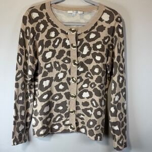 Boden Women's US 10 Leopard Print Crew Neck Sweater Cardigan Tan Cute Buttons